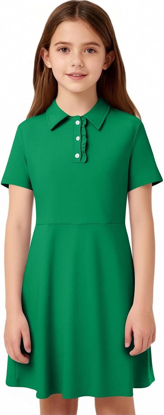 Girls Short Sleeve Polo Dress with Pockets School Uniform