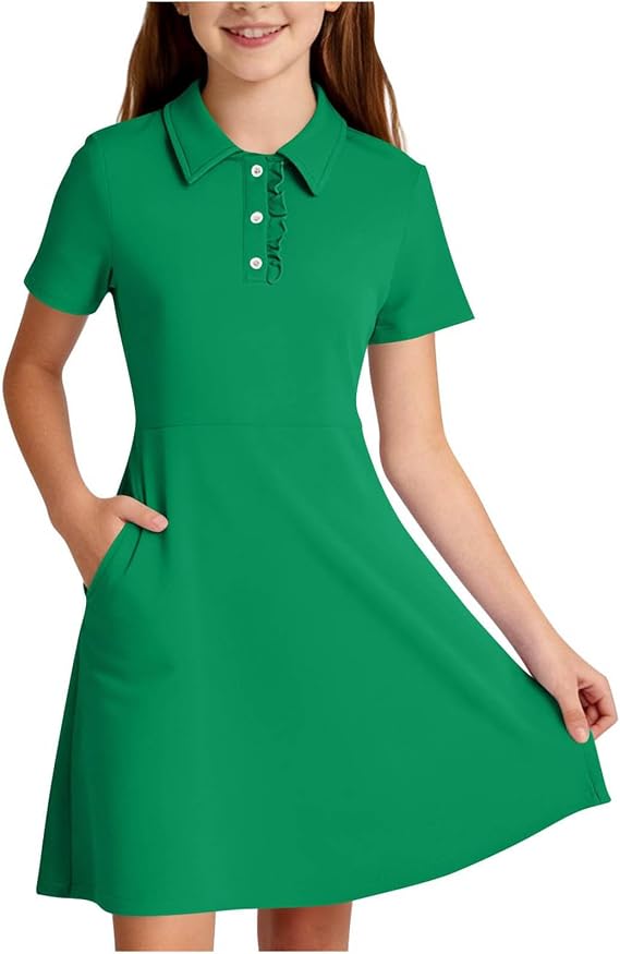 Girls Short Sleeve Polo Dress with Pockets School Uniform