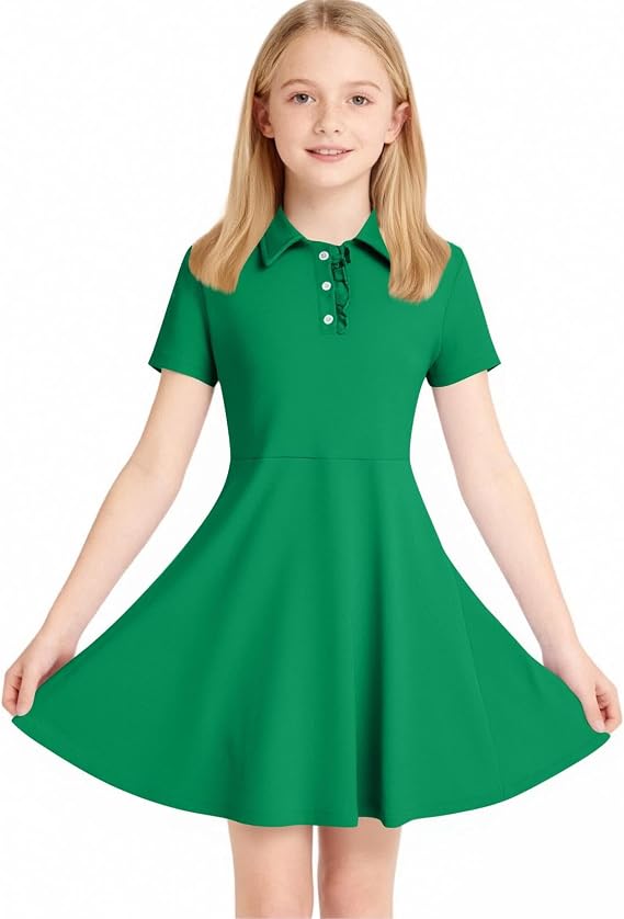 Girls Short Sleeve Polo Dress with Pockets School Uniform