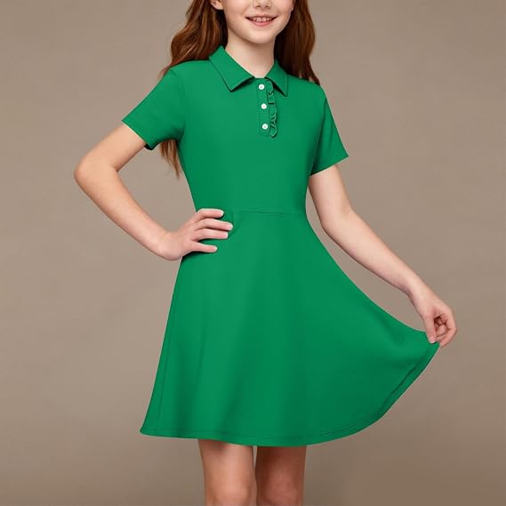 Girls Short Sleeve Polo Dress with Pockets School Uniform